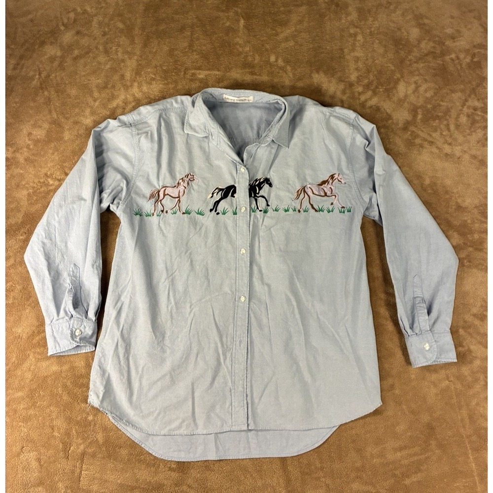 VTG Casey Coleman Womens Top ButtonUp Blue Embroidered Horses Western Grunge 90s